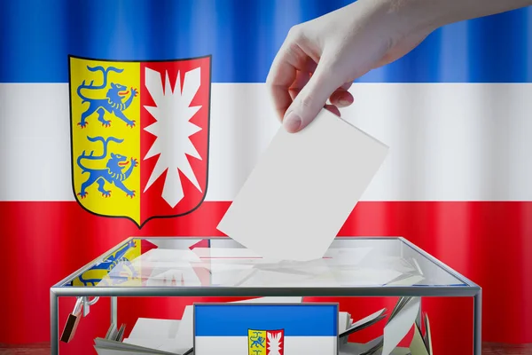 Schleswig Holsteinische Flagge Hand Wirft Wahlkarte Eine Box Wahlkonzept Wahl — Stockfoto