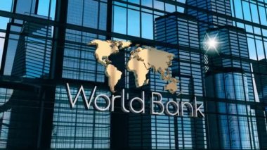 Dünya bankası basım konsepti - dünya haritası, ofis binaları ve güneş yansıması. 3D 4k animasyon (3840 x 2160 px). 