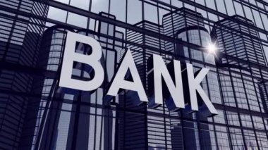 Banka daktilo konsepti - ofis binaları ve güneş yansıması. 3D 4k animasyon (3840 x 2160 px). 