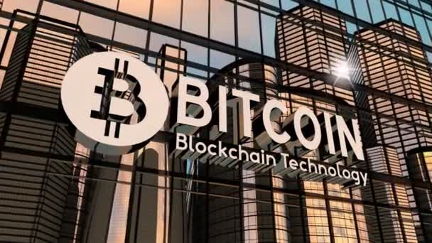 Bitcoin Technologia Blockchain Koncepcja Typograficzna Budynki Biurowe Odbicie Słońca Animacja — Wideo stockowe