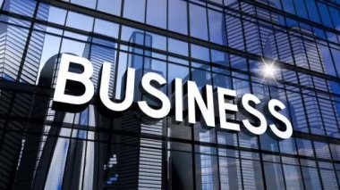 Ofis binası ve güneş ışığı yansıması. 3D 4k animasyon (3840 x 2160 px).