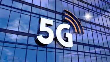 5G daktilo konsepti - ofis binası ve güneş yansıması. 3D 4k animasyon (3840 x 2160 px). 