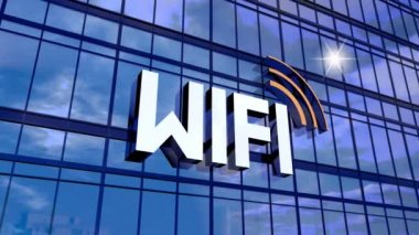 Wifi daktilo konsepti - ofis binası ve güneş yansıması. 3D 4k animasyon (3840 x 2160 px). 