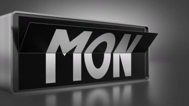 Dönen siyah takvim, haftanın kısaltılmış günlerini Pazar 'dan Cumartesi' ye çeviriyor - 3D 4k animasyon (3840x2160 px).