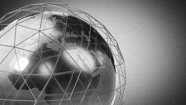 Geometrik dünya haritası ve kablo şebekesi, Avrupa ve Afrika tarafı - 3D illüstrasyon