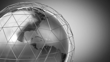 Geometrik dünya haritası ve kablo şebekesi, Amerika tarafı - 3 boyutlu illüstrasyon