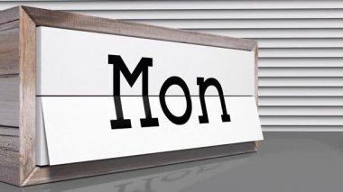 Ahşap takvime göre haftanın kısaltılmış günleri Pazar 'dan Cumartesi' ye 3D 4k animasyon (3840x2160 px).