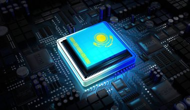 Kazahstan bayrağı taşıyan bilgisayar işlemcisi - 3D illüstrasyon