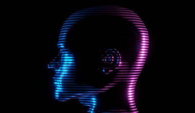 İnsan hologramı, kafaya yakın çekim - 3 boyutlu illüstrasyon