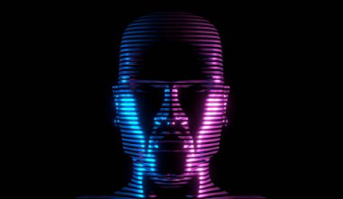 İnsan hologramı, kafaya yakın çekim - 3 boyutlu illüstrasyon