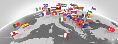 Avrupa - ülkelerin sınırları ve bayrakları - 3D illüstrasyon