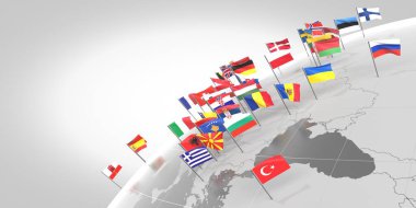 Avrupa - ülkelerin sınırları ve bayrakları - 3D illüstrasyon