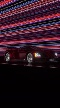 Kırmızı Supercar Hareket Bulanıklığı ve Neon Işık İzleri ile Hızlı Sürüyor - 4K 3D Dikey Animasyon
