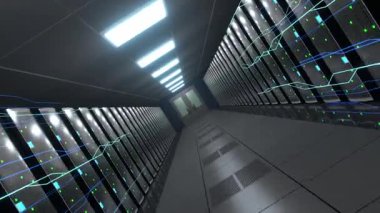 Sunucu Raflarında Hızlı İleri Hareketi - 3d 4k animasyon (3840 x 2160px)
