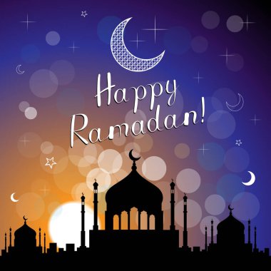 Bokeh Arkaplanındaki Cami Silüeti ile Ramazan Kutlama Kartın kutlu olsun - vektör illüstrasyonuName