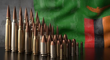 Zambiya - çeşitli mermiler ve ulusal bayrak - 3D illüstrasyon