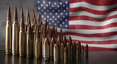 ABD - çeşitli mermiler ve ulusal bayrak - 3D illüstrasyon