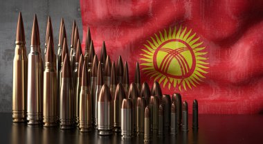 Kırgızistan - çeşitli roketler ve ulusal bayrak - 3D illüstrasyon