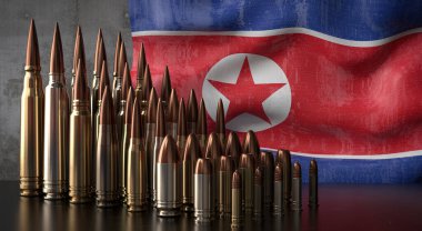 Kuzey Kore - çeşitli roketler ve ulusal bayrak - 3D illüstrasyon