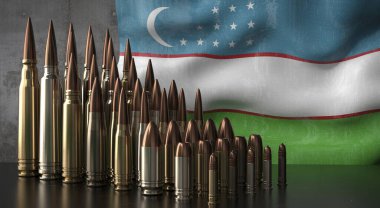 Özbekistan - çeşitli mermiler ve ulusal bayrak - 3D illüstrasyon