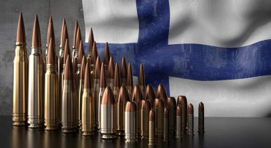 Finlandiya - çeşitli roketler ve ulusal bayrak - 3D illüstrasyon