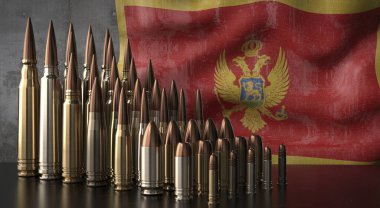 Karadağ - çeşitli mermiler ve ulusal bayrak - 3D illüstrasyon