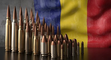 Romanya - çeşitli mermiler ve ulusal bayrak - 3D illüstrasyon