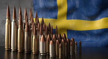 İsveç - çeşitli mermiler ve ulusal bayrak - 3D illüstrasyon