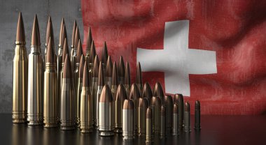 İsviçre - çeşitli mermiler ve ulusal bayrak - 3D illüstrasyon