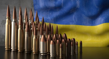 Ukrayna - çeşitli mermiler ve ulusal bayrak - 3D illüstrasyon