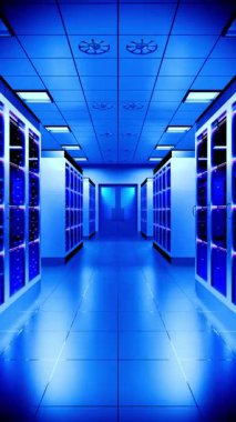 Mavi Fütürist Veri Merkezi Sunucu Rafları - 3d 4k dikey animasyon (2160 x 3840 px)