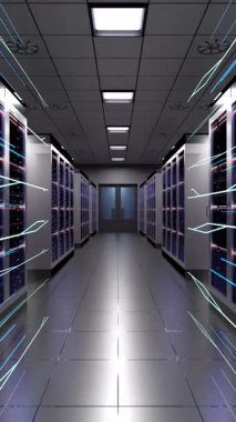 Yüksek Hız Veri Aktarımı Sunucu Odası Koridoru - 3d 4k dikey animasyon (2160 x 3840 px)