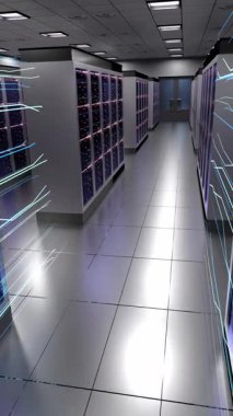 Yüksek Hız Ağı Hatları ve Altyapı Sunucusu Rafları - 3d 4k dikey animasyon (2160 x 3840 px)