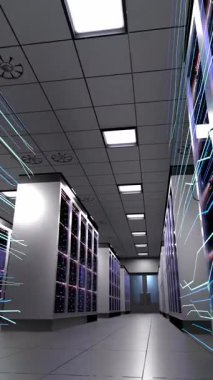 Sunucu odasındaki dijital bilgi akışı - 3d 4k dikey animasyon (2160 x 3840 px)