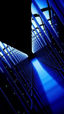 Kamera Dönüşü ile Mavi Veri Merkezi 'nden geçmek - 3d 4k dikey animasyon (2160 x 3840 px)