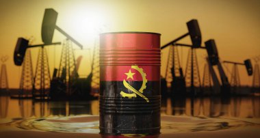 Angola - ulusal bayrağı olan petrol varili, arka planda çıkarma kuyuları - 3 boyutlu illüstrasyon