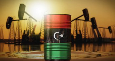 Libya - ulusal bayrağı olan petrol varili, arka planda çıkarma kuyuları - 3D illüstrasyon