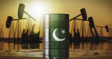 Pakistan - ulusal bayrağı olan petrol varili, arka planda çıkarma kuyuları - 3 boyutlu illüstrasyon