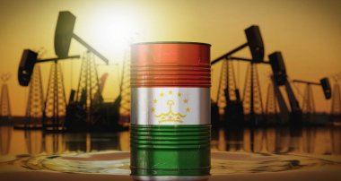 Tacikistan - ulusal bayrağı olan petrol varili, arka planda çıkarma kuyuları - 3D illüstrasyon