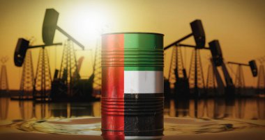 Birleşik Arap Emirlikleri - ulusal bayrağı olan petrol varili, arka planda çıkarma kuyuları - 3D illüstrasyon