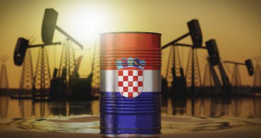 Hırvatistan - ulusal bayrağı olan petrol varili, arka planda çıkarma kuyuları - 3D illüstrasyon
