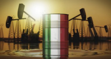 İtalya - ulusal bayrağı olan petrol varili, arka planda çıkarma kuyuları - 3D illüstrasyon