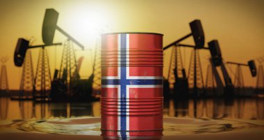 Norveç - ulusal bayrağı olan petrol varili, arka planda çıkarma kuyuları - 3D illüstrasyon