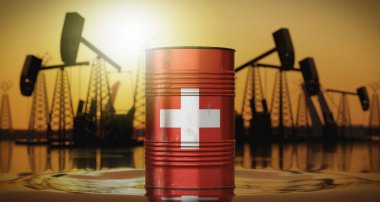 İsviçre - ulusal bayrağı olan petrol varili, arka planda çıkarma kuyuları - 3D illüstrasyon