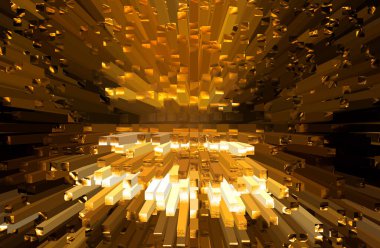 Bir uzay yıldızının altın tonlarda patlamasının soyut çizimi. Uzay teması. Işık hızında. Soyut illüstrasyon. Altın rengi. Arkaplan resmi. Mesaj için yer. Poster. Kitapçık.