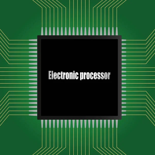 緑のプリント基板上のプロセッサの電子チップ プロセッサ マイクロ回路 電子部品だ 装置図 デジタル技術 店の窓だ テキストの場所 — ストックベクタ