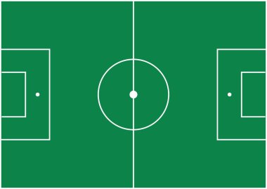 Beyaz lekeli yeşil bir futbol sahası. Avrupa futbolu. Takım oyuncularının taktik şeması. Topla oynanan bir oyun. Spor koçu kadrosu. Spor sahası. Vektör.