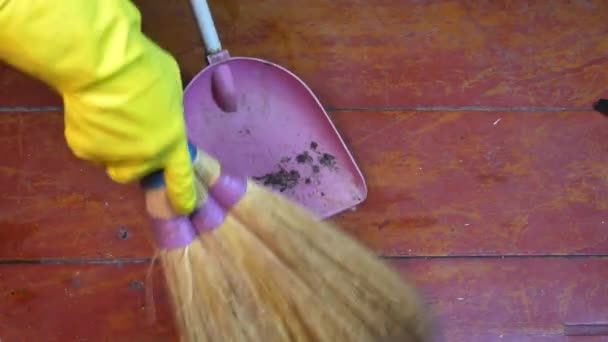 Barrer los escombros del suelo en una cubeta de plástico con una escoba. — Vídeo de stock