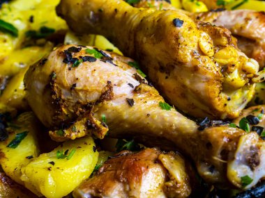 Otlarla baharatlı tavuk budu ile kızarmış patates. Kızarmış patates. Tavuk eti. Tavuklu patates kızartması. Kuş pençesi. Yemek menüsü. Ev mutfağı. Yemek pişirmek. Yemek fotoğrafı. Arkaplan resmi.