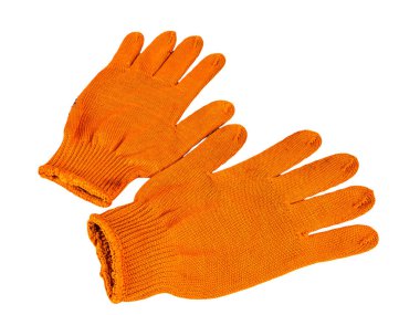 Beyaz arka planda turuncu iş eldivenleri. İnşaatçının koruyucu eldivenleri. İşçi aleti. İnşaatçı kıyafeti. İnşaat ve dairelerin tadilatı. Bahçe eldivenleri. Beyaz arkaplanda izole.